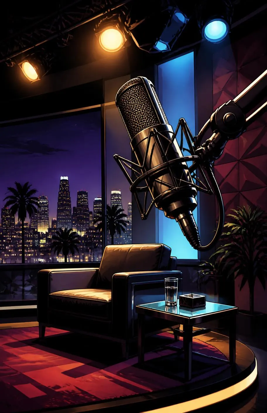 Illustrated podcast studio backdrop for Chris Williamson