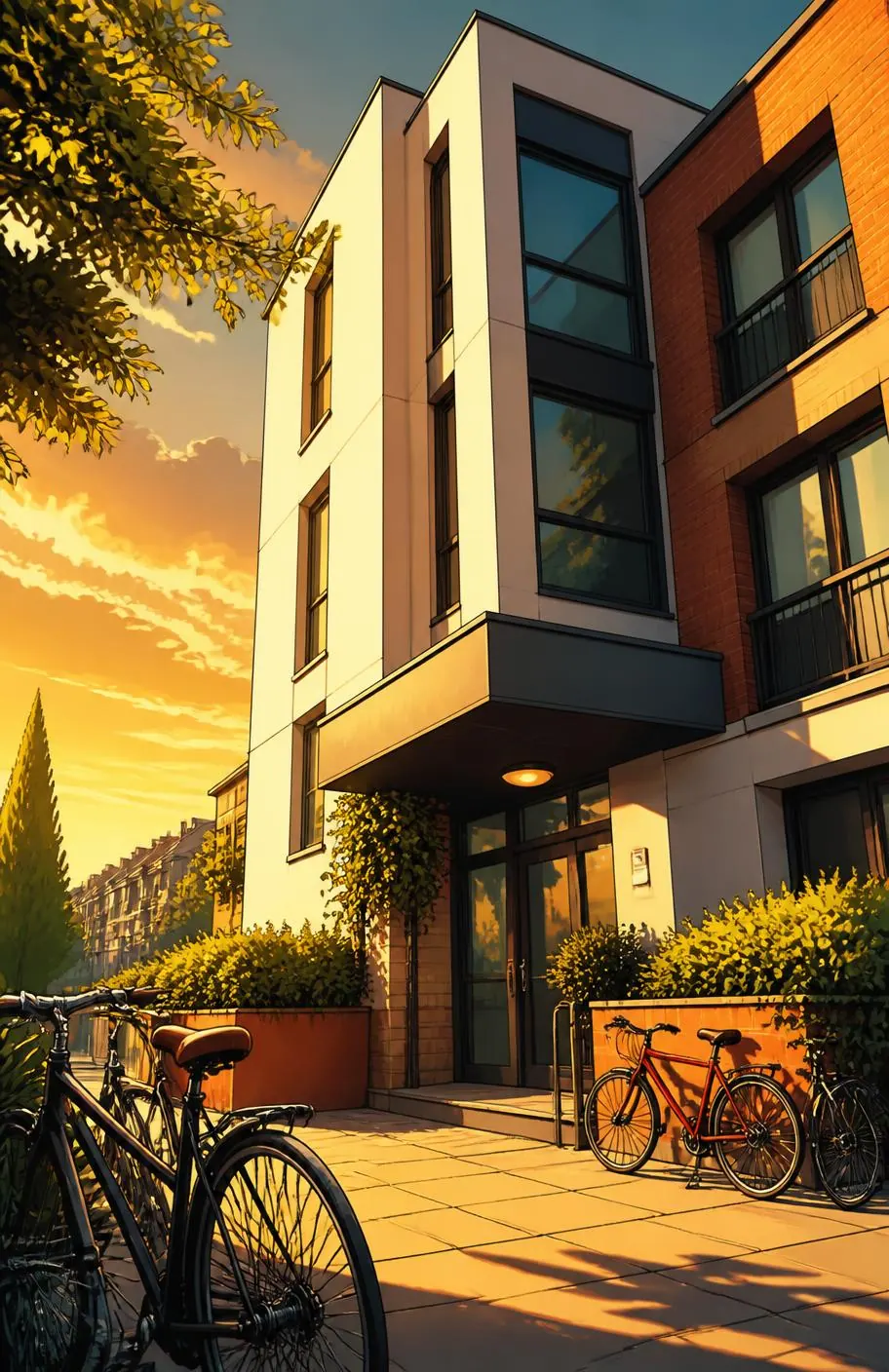 Illustrated student housing block backdrop for MyHausing
