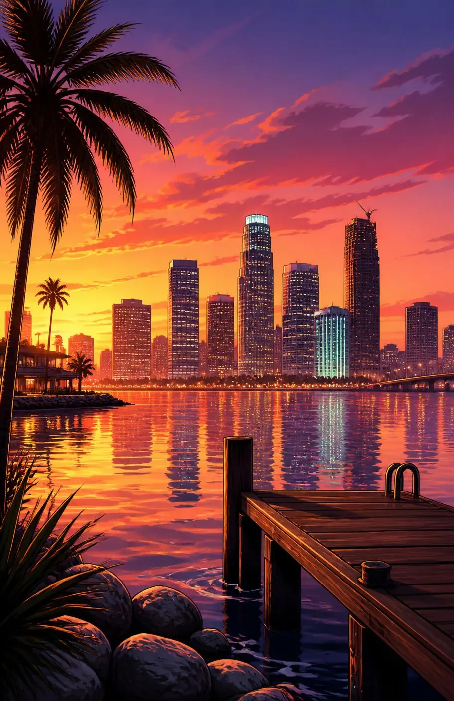 Illustrated waterfront skyline backdrop for Philipp Ryppa