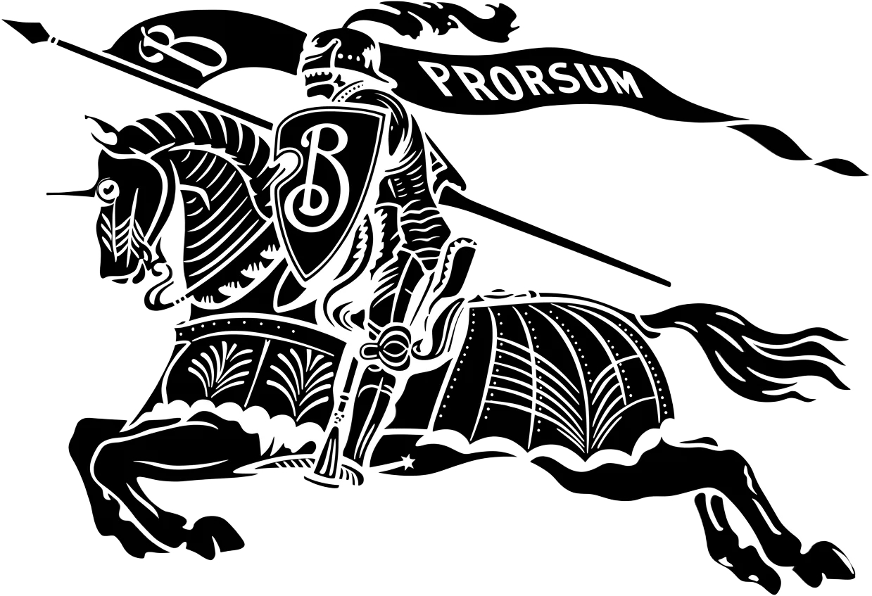 Burberry equestrian knight emblem over an illustrated London luxury storefront