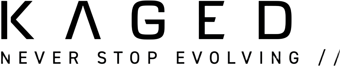 KAGED wordmark in an illustrated sports nutrition lab and gym